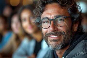 Wall Mural - A joyful man with a charming smile and stylish glasses exudes confidence and warmth as he proudly displays his well-groomed facial hair indoors