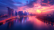 Race track road and bridge with city skyline at sunset,generative ai