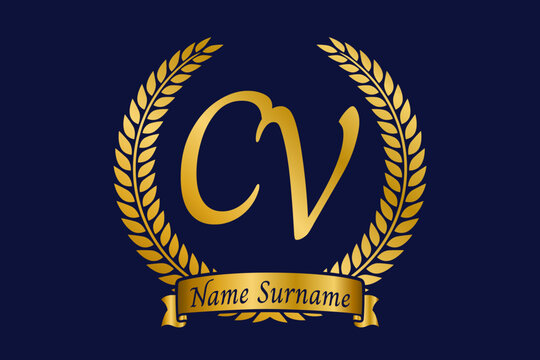 Initial letter C and V, CV monogram logo design with laurel wreath. Luxury golden calligraphy font.