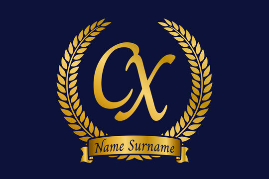 Initial letter C and X, CX monogram logo design with laurel wreath. Luxury golden calligraphy font.