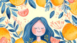 Une jeune fille au milieu d'un motif de fruits d'agrumes et de feuillage