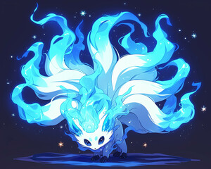 Blue fire envelops bone-fused 9-tailed fox a spirit of cuteness