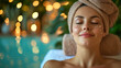 Beautiful young woman with closed eyes and towel on head in spa salon