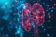 A human kidney in a technological backdrop illustrated dark blue backdrop with a big empty space and technical connections, Generative AI.