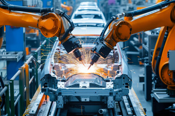 Automobile assembly line production, automation robot arms in a cars factory, industrial manufacturer concept