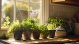 Fototapeta  - Personal indoor herb garden in a kitchen setting, capturing the freshness and utility of homegrown herbs