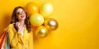 Close up photo beautiful she her lady vacation abroad send air kiss carry packs perfect look buy buyer present gift balloons sale discount wear specs formal-wear suit isolated yellow bright background