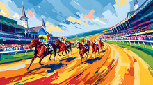 Racing Horses Competing Others. Hippodrome. Racetrack. Equestrian. Derby. Horse Sport. Watercolor Painting, Racing Competition Drawing, Watercolor Painting, Abstract Colorful Background, Ai Generated 