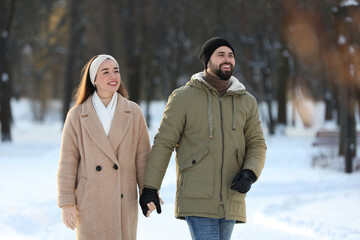 Sticker - Beautiful happy couple walking in snowy park on winter day