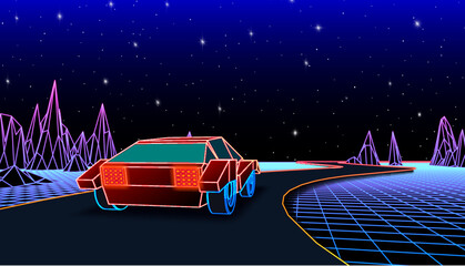 Aufkleber - Neon car in 80s synthwave style racing to the mountains. Retrowave auto illustration with shiny neon car on the grid landscape, road in 90s arcade game style