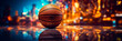 Konzept Banner Basketball, leuchtender Hintergrund, Basketballkorb, glänzender und leuchtender Boden