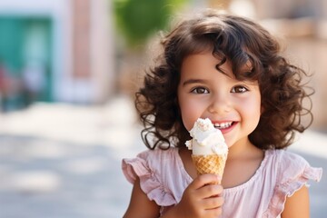 Happy little cute girl eating ice cream