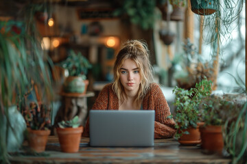 Mature woman working on laptop at home