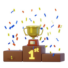 Wall Mural - Gold trophy cup. Prize podium with winner or champion awards. Sport competition trophy cups on 3d illustration. Victory celebration with places and confetti