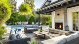 Fototapeta Boho - Cozy backyard or patio area with garden furniture, swimming pool and outdoor fireplace