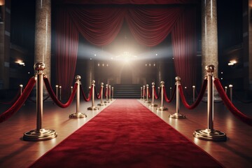 Red carpet rolling out in front of glamorous movie Presentation, Red carpet with red carpet on dark city background, 3D rendering, AI generated