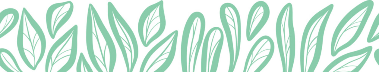 Poster - Seamless repeating leaf border, hand drawn foliage banner design, green leaves vector art