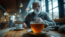 An old man having a cup of tea with an old friend and a chat.
