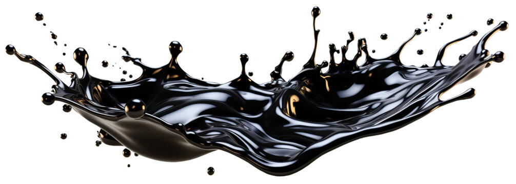 A horizontal splash of black oil. Isolated on a transparent background