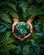 © Eduardo - Earth Day Embrace: Hands Tenderly Holding a Globe Amidst Vibrant Green Ferns