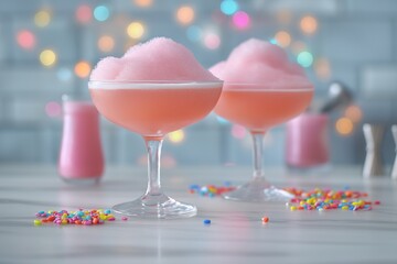 A photo of a couple of glasses filled with a vibrant pink liquid, showcasing creative cocktails with colorful beverages.