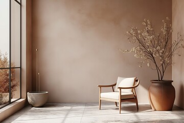 Wall Mural - An empty room furnished with a chair and a vase holding a plant, featuring minimalist design and muted colors.