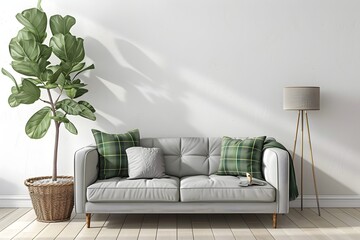 Wall Mural - Living room interior with gray velvet sofa, pillows, green plaid, lamp. 