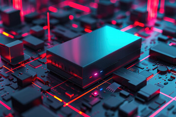 Poster - This close-up photo captures the intricate details of a computer processor, accentuated by the vibrant red lights, Aesthetic design of a NAS device, AI Generated