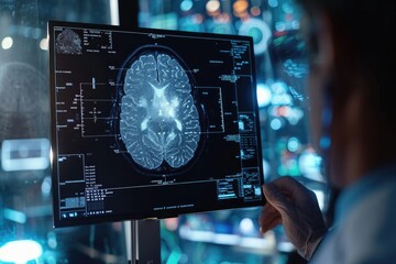 Poster - A man concentrates as he examines a computer screen displaying a detailed brain scan, AI algorithm studying a 3D brain scan, AI Generated