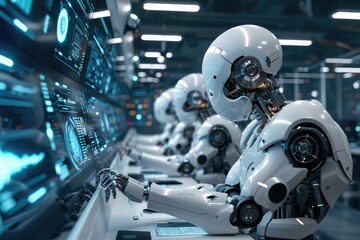 Poster - a group of robots is lined up in a neat row, with each one sitting in front of a large monitor, ai r