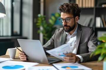 Poster - A man sits at a desk in an office, actively working on a laptop computer, An accountant deeply engrossed in auditing financial reports, AI Generated