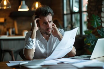 Poster - a man sits at a table with numerous papers spread out in front of him, deep in concentration and foc