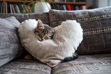 Customizable Heart-Shaped Pillow With Sleeping Kitten, A Cuteness Overload For Personalization. Сoncept Unique Cat-Inspired Jewelry, Whimsical Cat Prints, Cat-Themed Home Decor