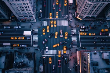 Wall Mural - A busy city street teeming with vehicles and filled with continuous traffic congestion during peak hours, An aerial view of a city bustling with traffic, AI Generated