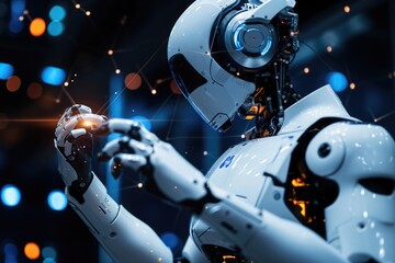 Poster - A robotic android firmly holds an object in its hand, displaying its remarkable dexterity and precision, An AI robot defending against cyber attacks, AI Generated