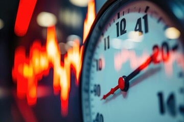 Poster - A close-up photograph of a clock, with a red arrow pointing towards a specific time, An animated inflation clock ticking upwards, AI Generated