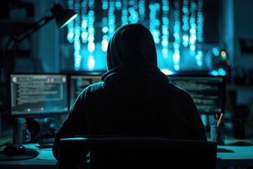 Poster - An individual sits at a desk, engrossed in their work, as they operate a computer, An anonymous hacker in a dark room attempting a major cyber attack, AI Generated