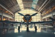 A commercial airliner is parked inside a vast hangar, showcasing the size and capacity of the facility, An antique propeller fighter plane sitting in a museum, AI Generated