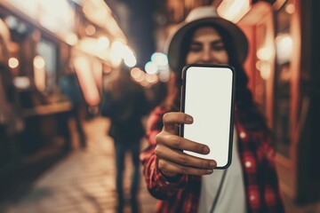 Young happy girl female woman shows phone screen mockup advertisement ad technology smartphone hand holding device internet app showcase business solution message media application close-up background