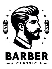 Wall Mural - Old barber shop logo template with Vintage man face silhouette with beard, mustache and stylish hair vector illustration