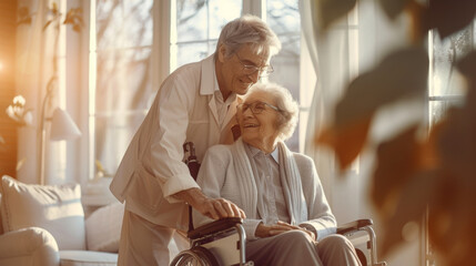 Canvas Print - tender moment between a young person and an elderly person in glasses, smiling and embracing