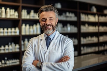 Wall Mural - male Caucasian pharmacist stands in medical robe smiling, Portrait of smiling mature male pharmacist standing in pharmacy drugstore,AI generated