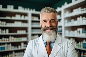 Wall Mural - male Caucasian pharmacist stands in medical robe smiling, Portrait of smiling mature male pharmacist standing in pharmacy drugstore,AI generated