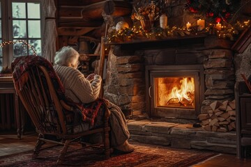 A woman sits comfortably in an armchair, gazing into the dancing flames of a fireplace, An elderly woman knitting by a cozy fireplace, AI Generated