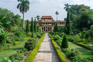 Poster - A garden abundant with a variety of green plants and trees, creating a vibrant and refreshing atmosphere, An elegant royal palace surrounded by lush gardens, AI Generated