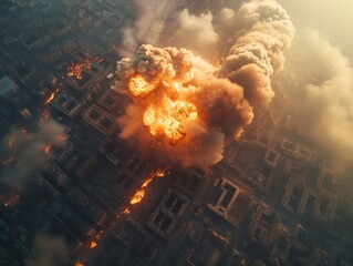 bomb explosion in the middle of the city. aerial view of city destruction by bomb attack