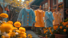 Colorful Children's Clothes Are Dried On The Clothesline In The Garden Outside.