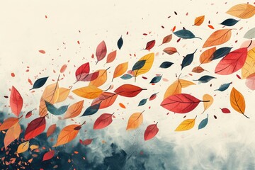 Wall Mural - A vibrant painting capturing the movement of swirling autumn leaves as they are lifted into the air by a gentle breeze, An illustration of abstract leaves falling in autumn, AI Generated