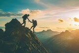 Fototapeta Góry - Two individuals ascend a mountain during sunset, demonstrating strength and determination, An image of a supportive friend assisting in a mountain climb, AI Generated