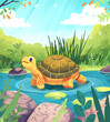 Cute cartoon turtle. in the water.. Children's illustration for books, posters, postcards, education.